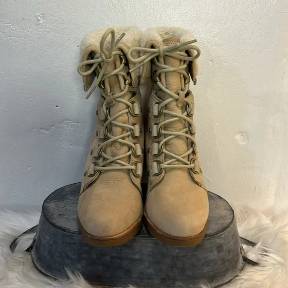#0169- Sorel After Hours Lace Up Shearling Wedge Boots-Lined Cuff-7.5 - Picture 4 of 11